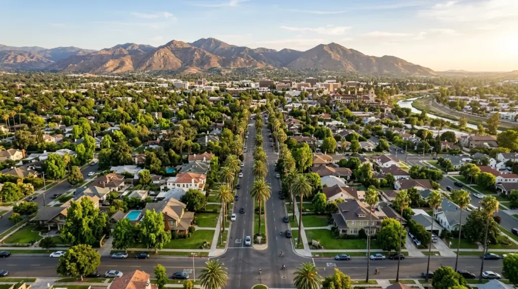Aerial editorial view of a Riverside California neighborhood with mature trees, historic homes, palms and mountains