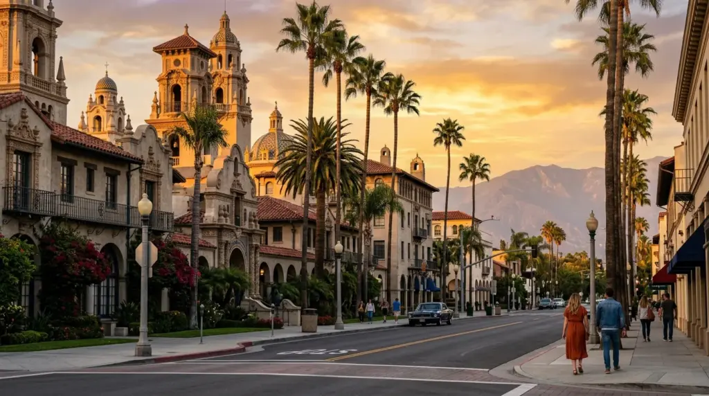Downtown Riverside California historic architecture at golden hour