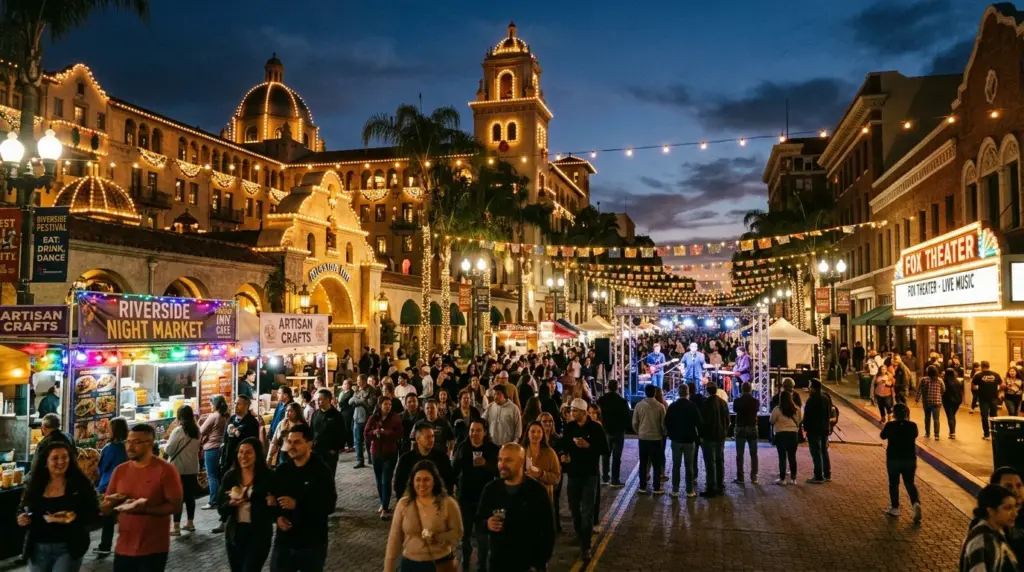 Downtown Riverside evening festival with historic architecture, lights, people and warm cinematic atmosphere