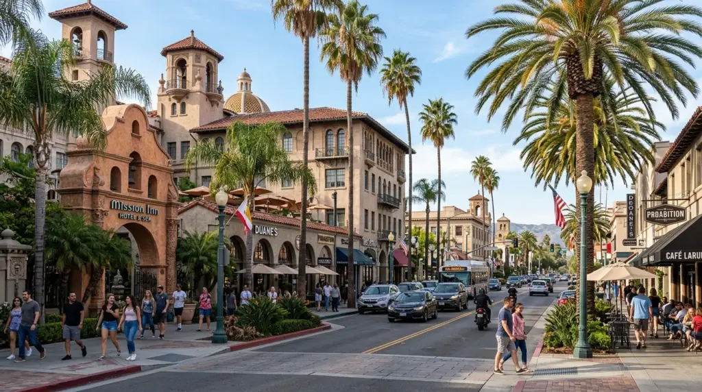 Downtown Riverside street scene with palms, Mission Revival architecture and people walking
