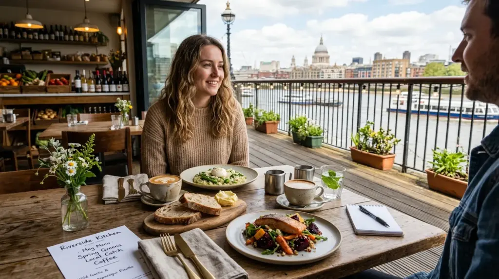 Editorial table scene at an independent Riverside restaurant with seasonal food and coffee