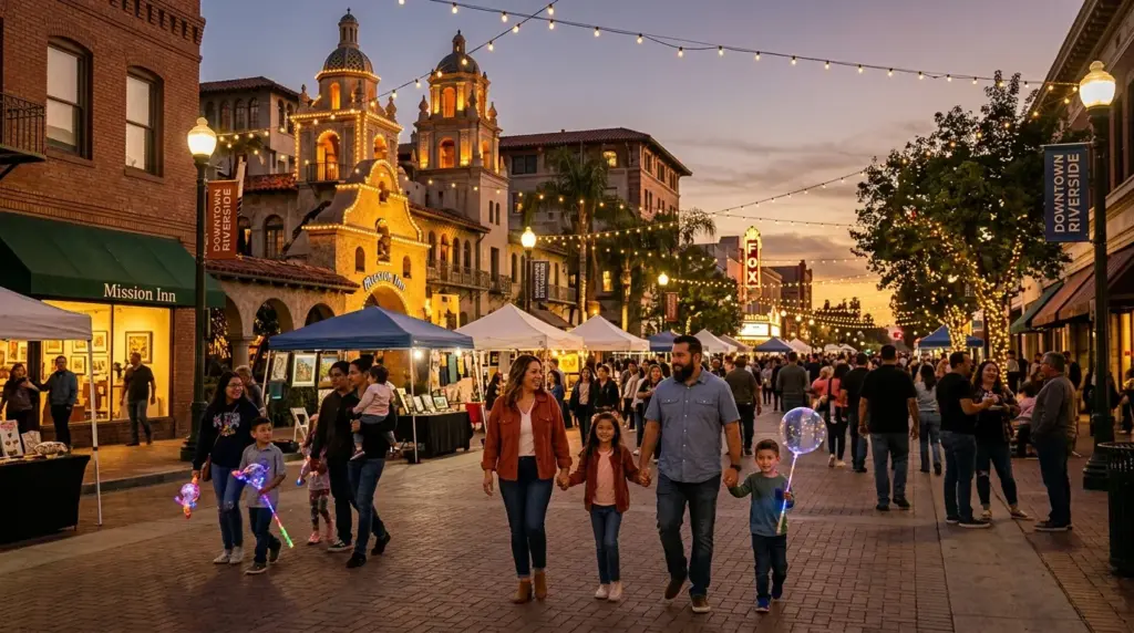 Evening community event in Downtown Riverside with historic architecture and families walking