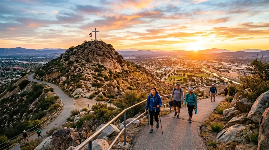 Mount Rubidoux overlooking Riverside at sunrise with hikers and warm California light