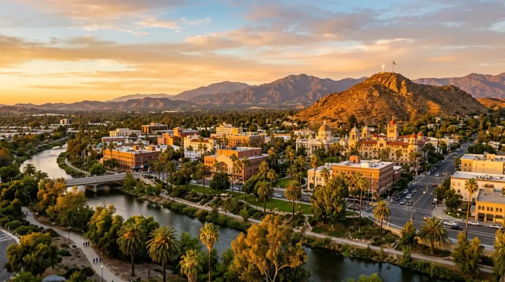 Panoramic Riverside California cityscape with historic downtown architecture, palms and Mount Rubidoux in warm golden light