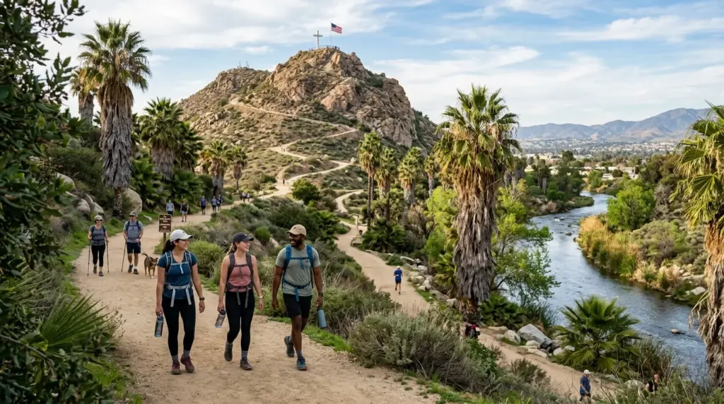 Riverside outdoor lifestyle scene with Mount Rubidoux, hikers and palms