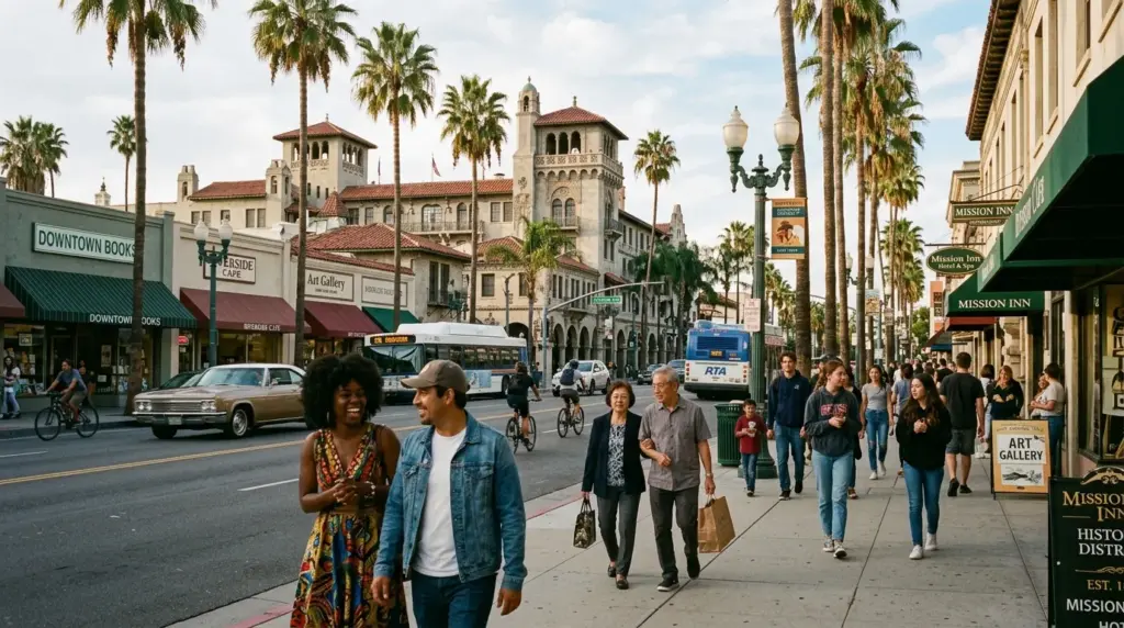 Riverside street scene with diverse residents, palms and historic downtown architecture, natural documentary photography