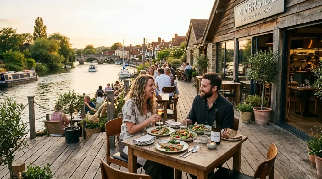 Stylish Riverside restaurant or cafe with locally inspired food, warm natural light and premium editorial photography
