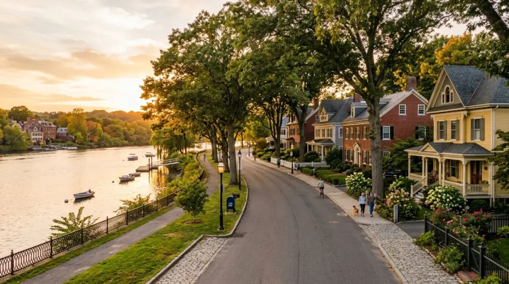Tree-lined Riverside neighborhood with historic homes and warm late afternoon light