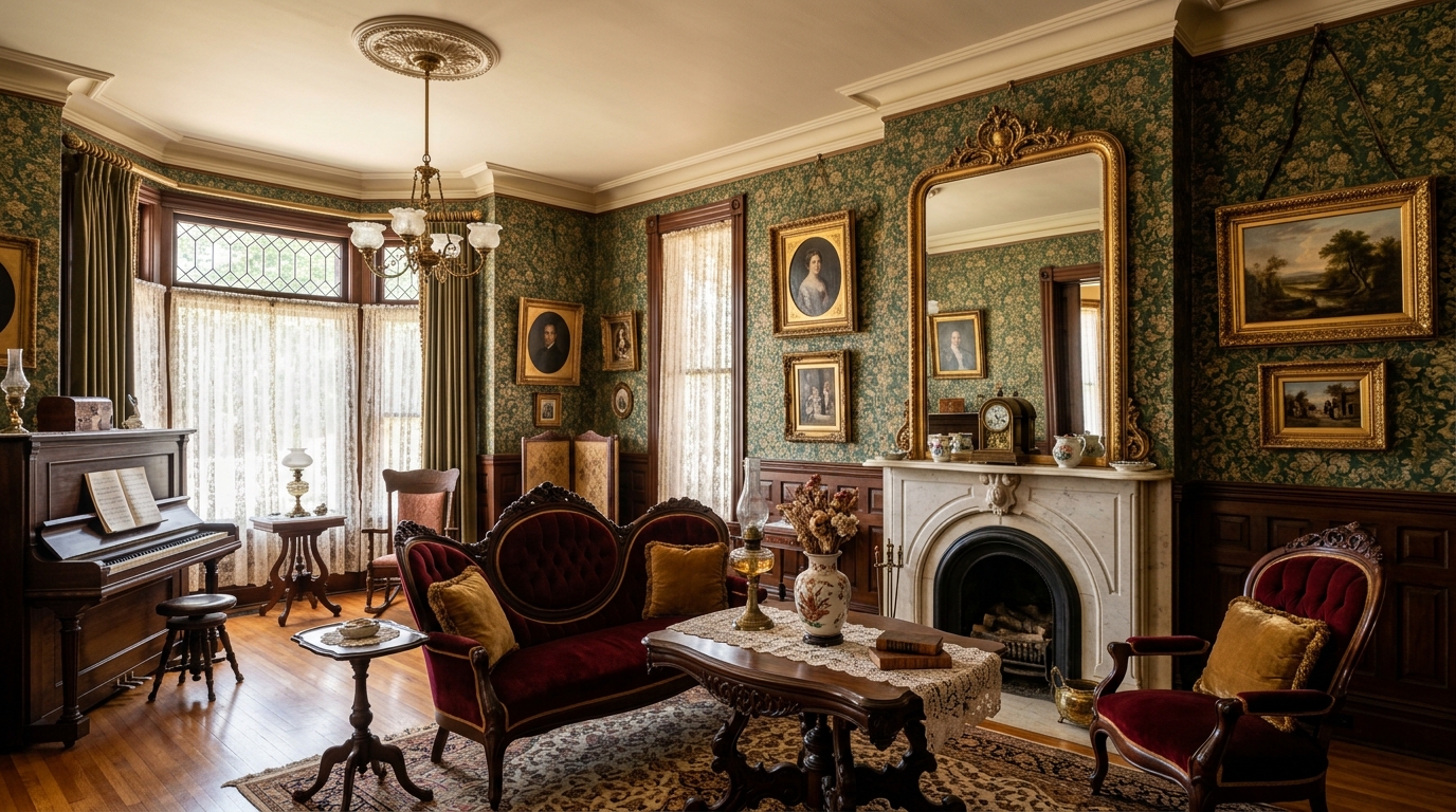 Victorian art and furnishings inside Riverside Heritage House